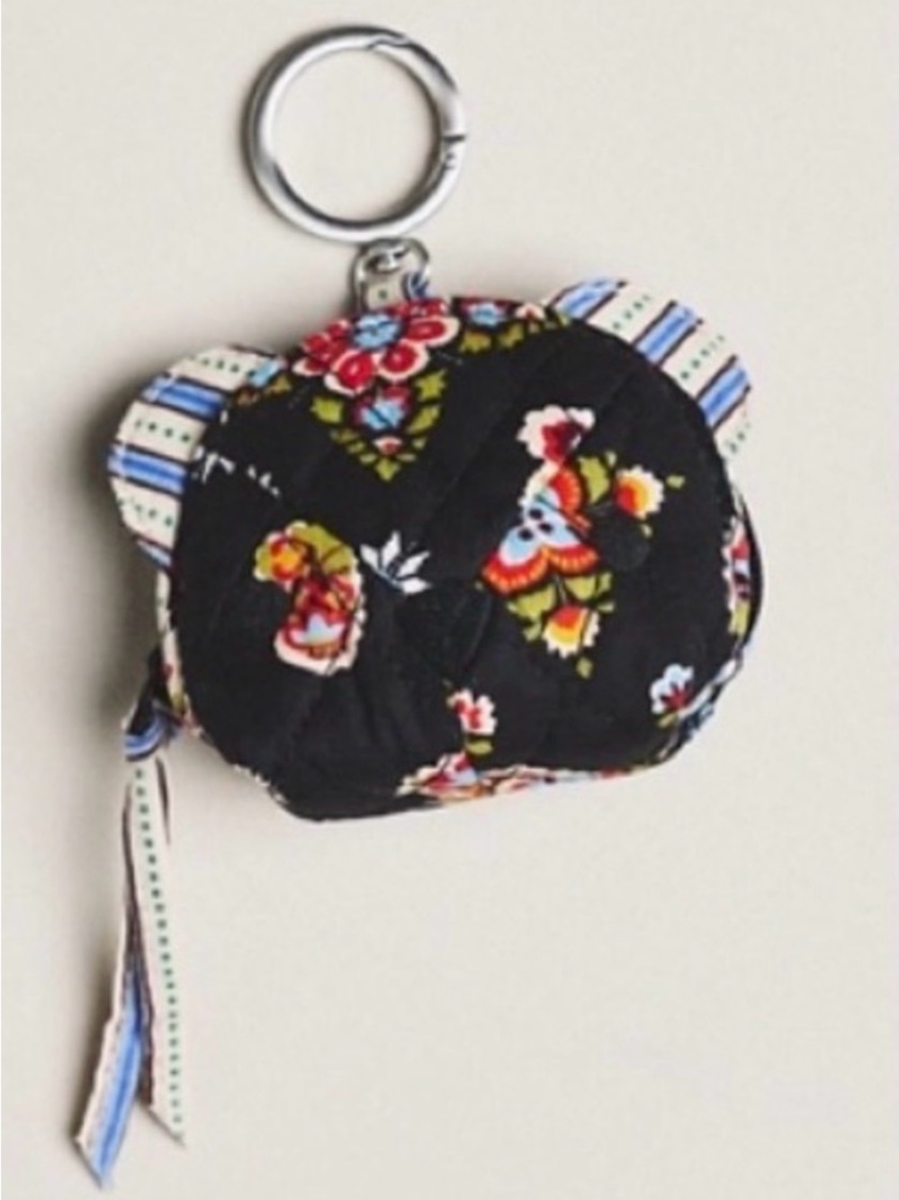 Anthropologie Black Quilted Floral Bear Key & Card Holder
